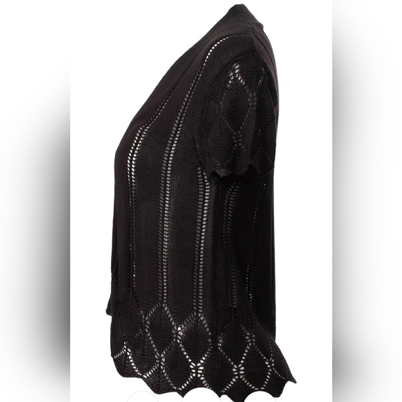 Cap Sleeve Pointelle Shrug Cardigan - Black - Picture 2 of 7